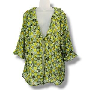 Y2K Tie Front Sheer Top 1X Green Yellow Mosaic Ruffle Layering Boho Fairy Retro